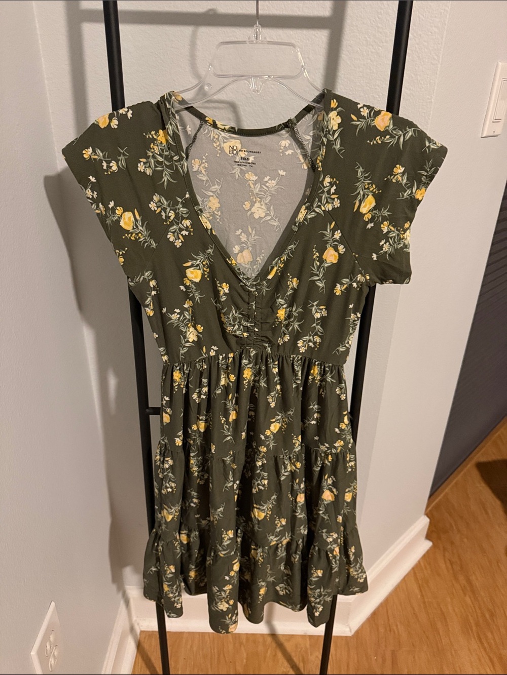 NOBO Olive Green Midi Dress with Yellow Floral Print